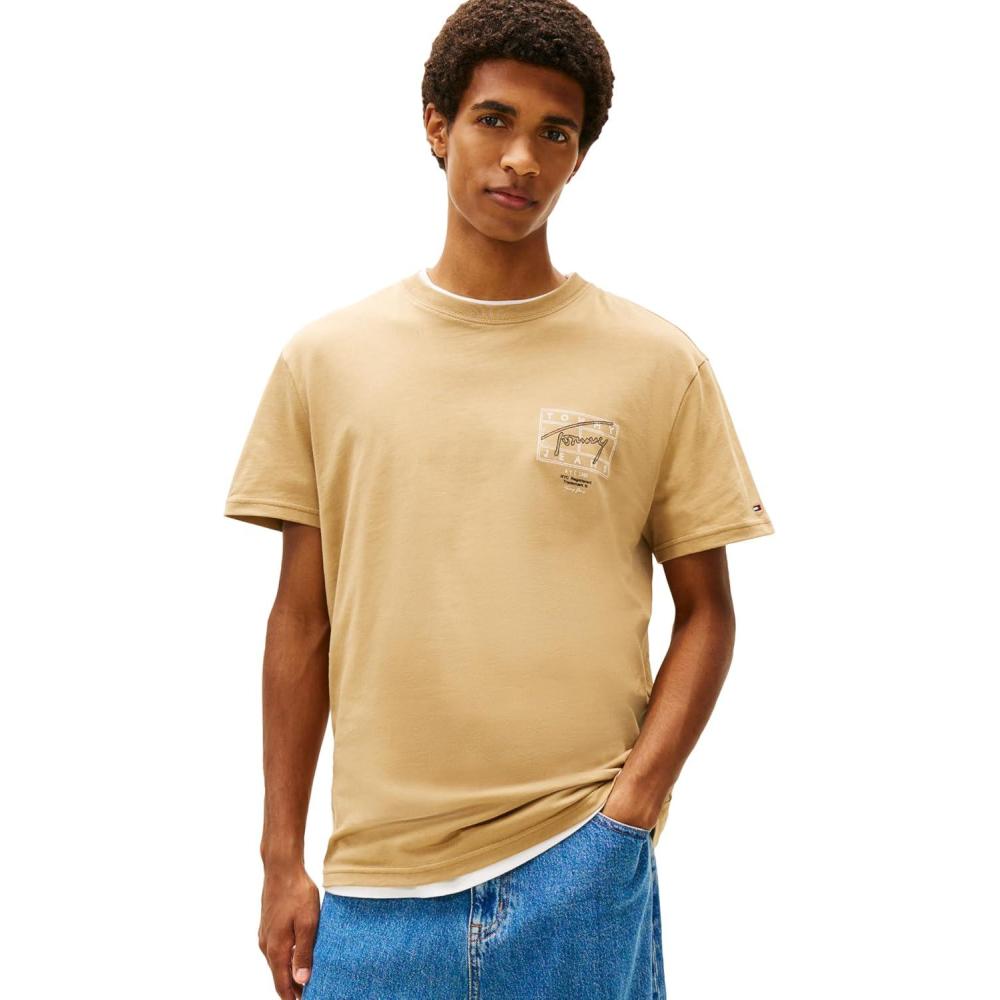 imageTommy Jeans Mens Short Sleeve Cotton Graphic TShirts with Printed Sprayed Back GraphicDark Dune