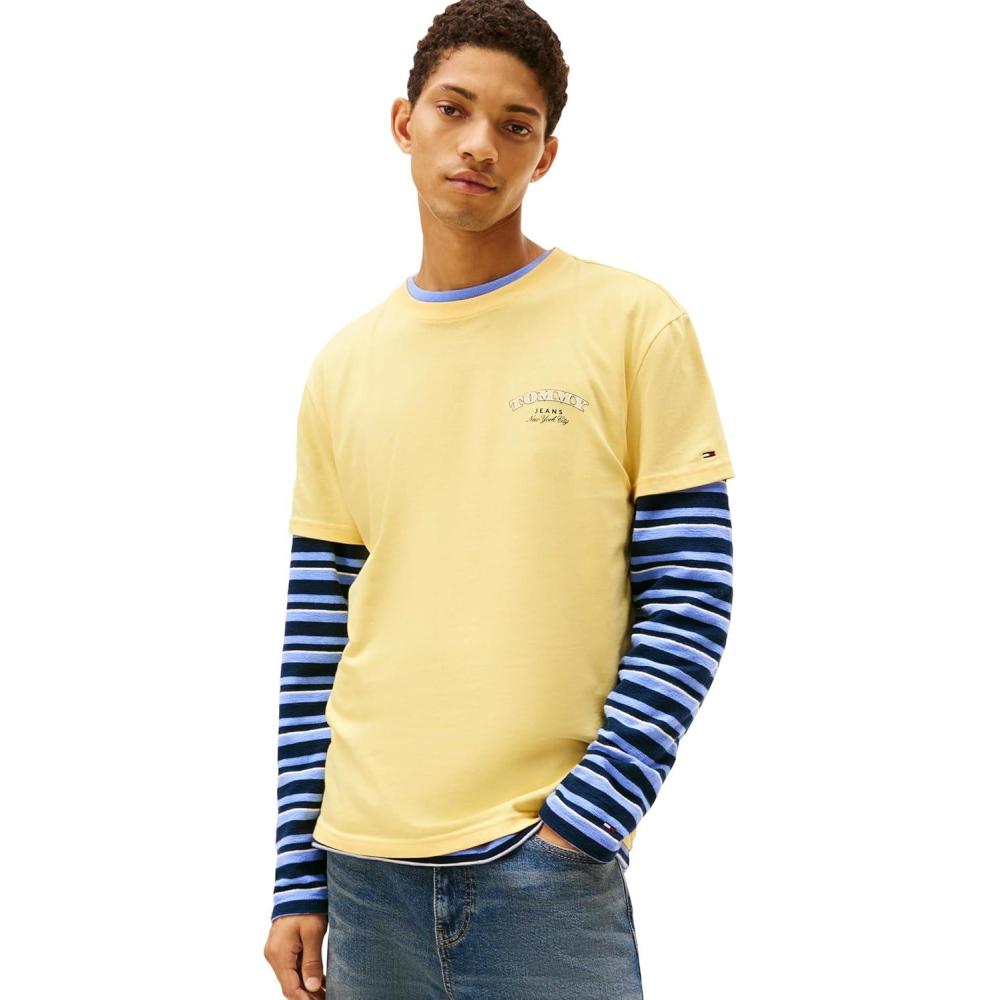 imageTommy Jeans Mens Short Sleeve Cotton Graphic TShirts with Printed Stacked Back GraphicCitronella