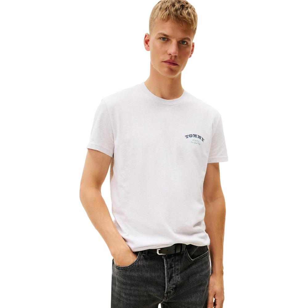 imageTommy Jeans Mens Short Sleeve Cotton Graphic TShirts with Printed Stacked Back GraphicIce Grey Heather