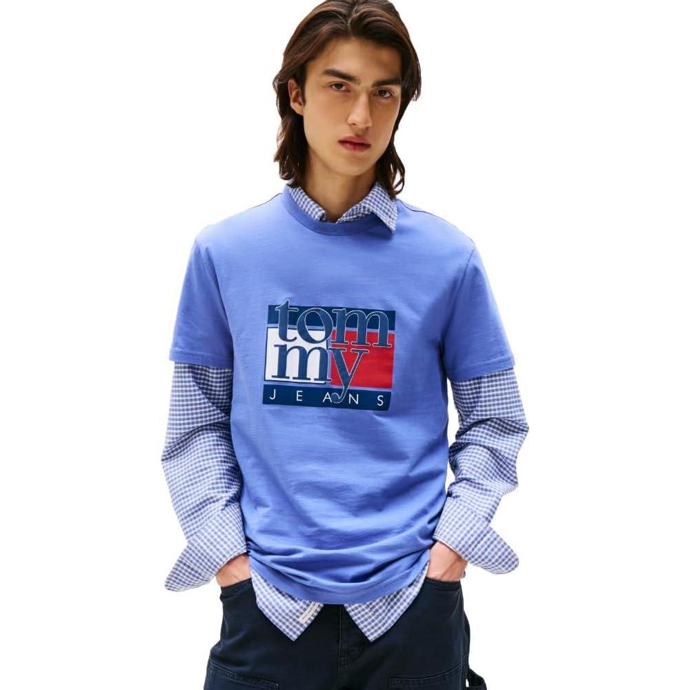 imageTommy Jeans Mens Short Sleeve Cotton TShirts with Flag and Logo GraphicSoft Sapphire