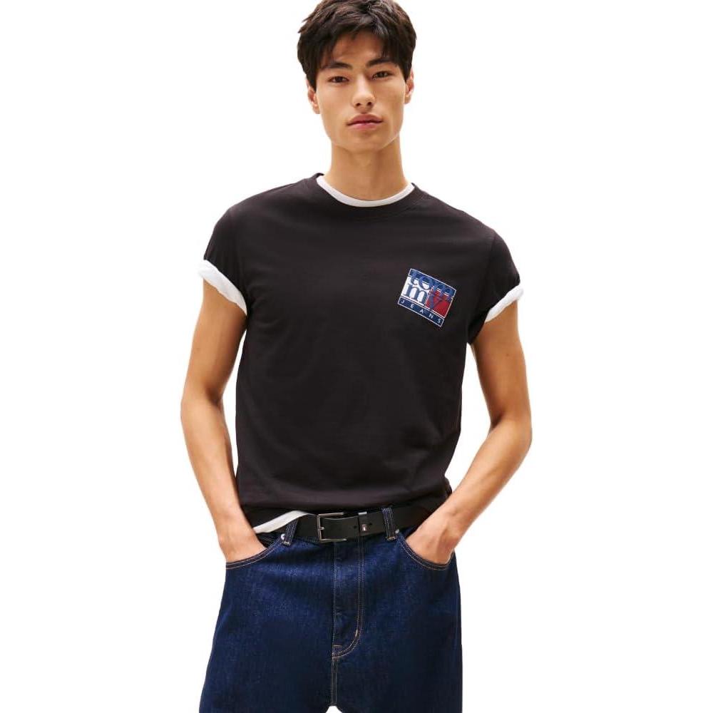 imageTommy Jeans Mens Short Sleeve Cotton TShirts with Printed Flag and Logo GraphicBlack
