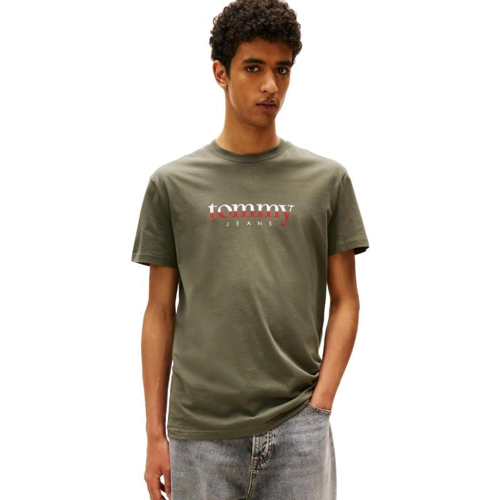 imageTommy Jeans Mens Short Sleeve Cotton TShirts with Printed TwoTone Logo GraphicPewter Green