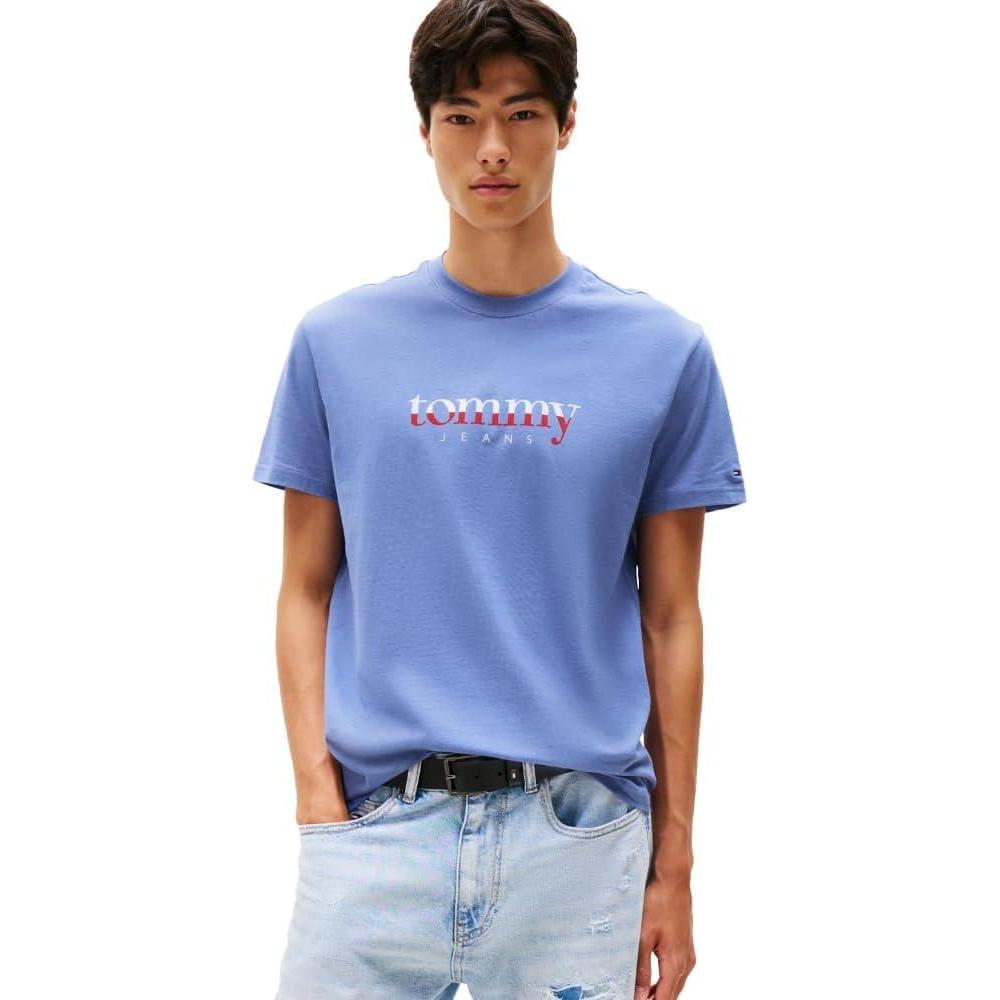 imageTommy Jeans Mens Short Sleeve Cotton TShirts with Printed TwoTone Logo GraphicSoft Sapphire