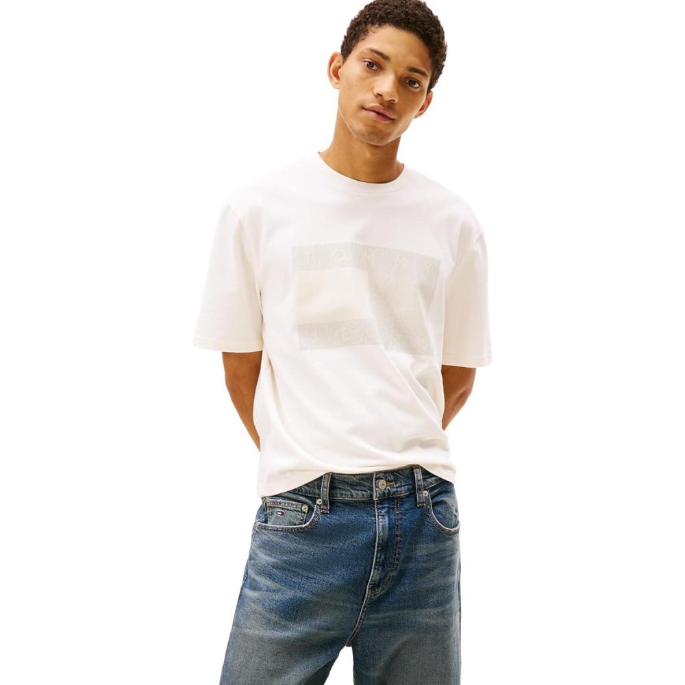 imageTommy Jeans Mens Short Sleeve Solid Cotton Graphic TShirts with Distressed Flag LogoAncient White