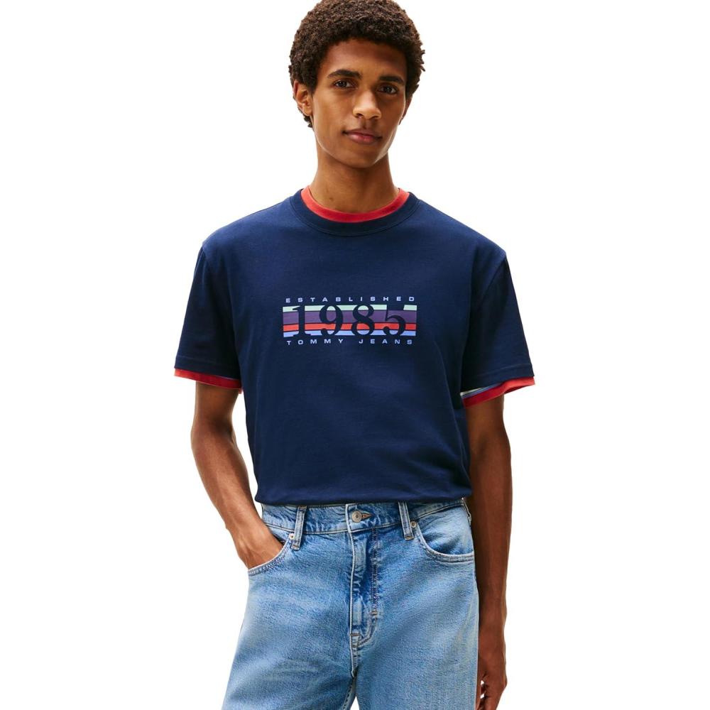 imageTommy Jeans Mens Short Sleeve Solid Cotton Graphic TShirts with Signature Printed 1985 GraphicDark Night Navy