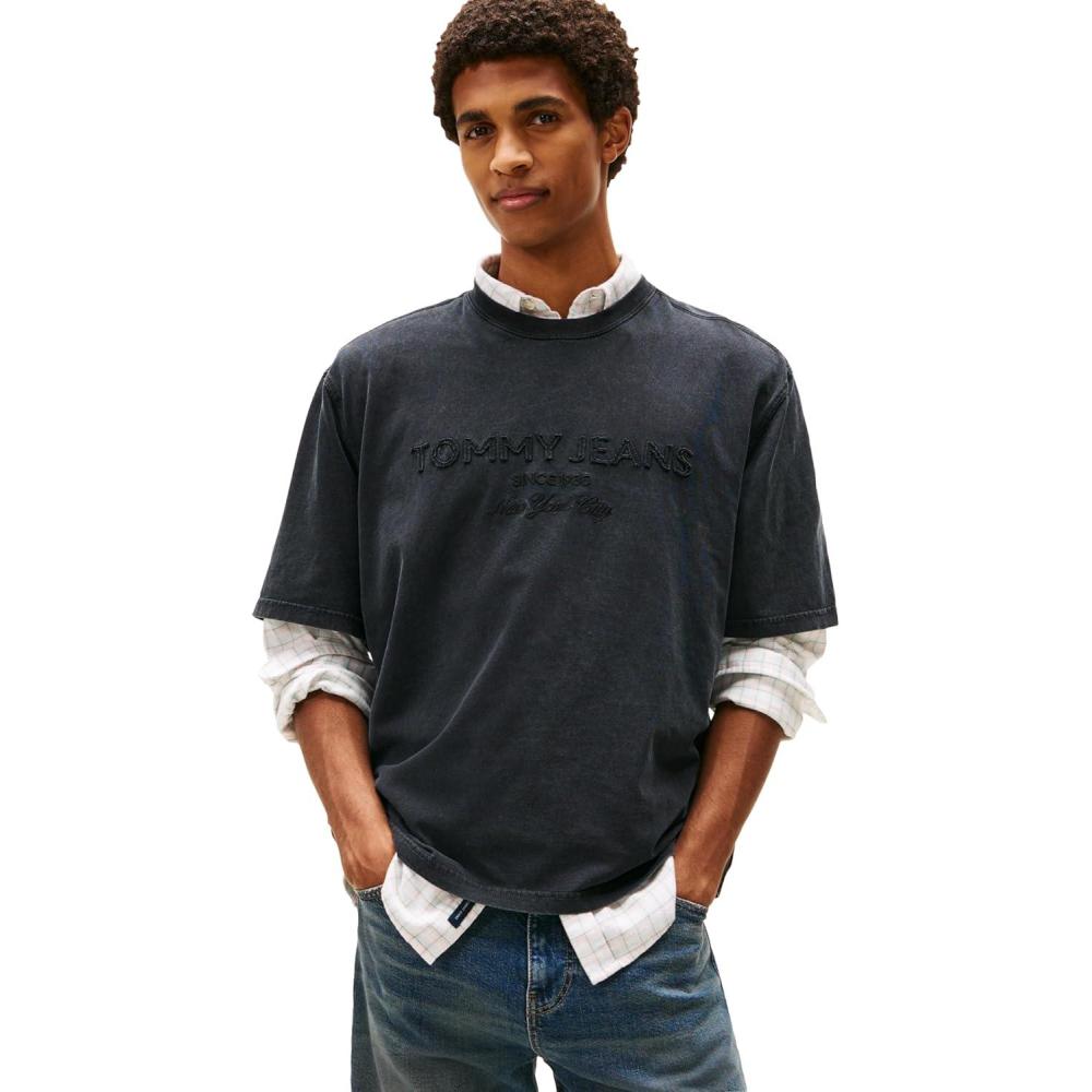imageTommy Jeans Mens Short Sleeve Solid Cotton Graphic TShirts with Tonal Embroidered LogoBlack