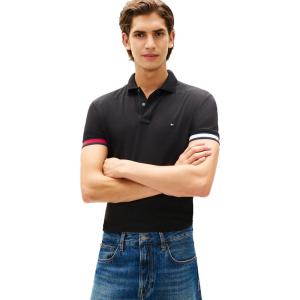 Tommy Hilfiger Mens Short Sleeve Casual Polo Shirts in Regular Fit with Liquid Cotton(Black/Rwb)