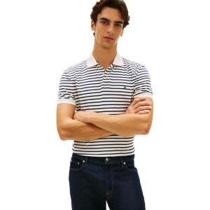 Tommy Hilfiger Mens Short Sleeve Casual Polo Shirts in Regular Fit with Liquid Cotton(Ivory Petal / Carbon Navy)
