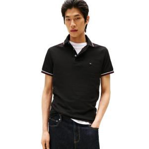 Tommy Hilfiger Men’s Short Sleeve Casual Polo Shirts in Slim Fit with Stretch and Cuff Designs(Black)
