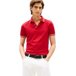 Tommy Hilfiger Men’s Short Sleeve Casual Polo Shirts in Slim Fit with Stretch and Cuff Designs(Medium Red)