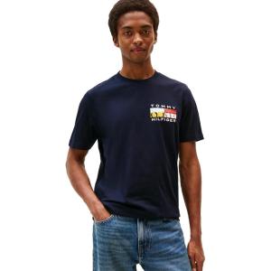 Tommy Hilfiger Men’s Short Sleeve Cotton Graphic T-Shirts with Printed Color Flag Logo(Desert Sky)