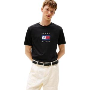 Tommy Hilfiger Men’s Short Sleeve Cotton Graphic T-Shirts with Printed Linear Flag Logo Designs(Black)