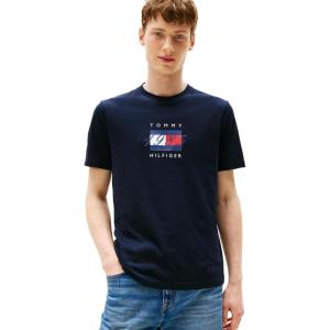 Tommy Hilfiger Men’s Short Sleeve Cotton Graphic T-Shirts with Printed Linear Flag Logo Designs(Desert Sky)