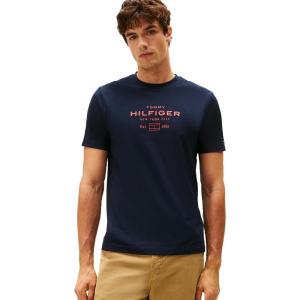 Tommy Hilfiger Men’s Short Sleeve Cotton Graphic T-Shirts with Stacked Logo Designs(Desert Sky)