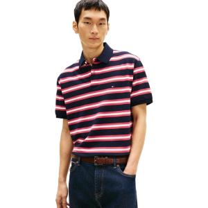 Tommy Hilfiger Men’s Short Sleeve Polo Shirts in Classic Fit with Stretch and Organic Pique Cotton(Desert Sky / Heritage Pink Multi)