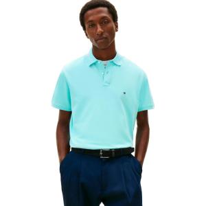 Tommy Hilfiger Men’s Short Sleeve Polo Shirts in Classic Fit with Stretch and Organic Pique Cotton(Dewy Blue)