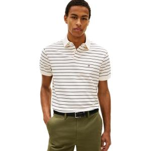 Tommy Hilfiger Men’s Short Sleeve Polo Shirts in Classic Fit with Stretch and Organic Pique Cotton(Ivory Petal / Black)