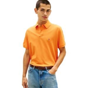 Tommy Hilfiger Men’s Short Sleeve Polo Shirts in Classic Fit with Stretch and Organic Pique Cotton(Orange Tulip)