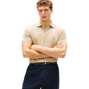 Tommy Hilfiger Men’s Short Sleeve Polo Shirts in Classic Fit with Stretch and Organic Pique Cotton(Sandalwood)