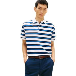 Tommy Hilfiger Men’s Short Sleeve Polo Shirts in Classic Fit with Stretch and Organic Pique Cotton(White / Desert Sky Multi)
