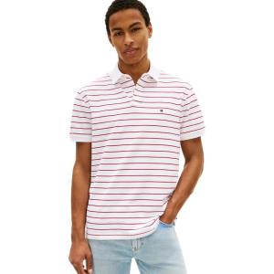 Tommy Hilfiger Men’s Short Sleeve Polo Shirts in Classic Fit with Stretch and Organic Pique Cotton(White / Medium Red)
