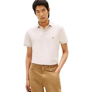 Tommy Hilfiger Men’s Short Sleeve Polo Shirts in Regular Fit with Stretch and Organic Pique Cotton(Heathered Oatmilk)