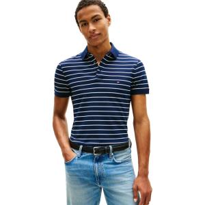 Tommy Hilfiger Men’s Short Sleeve Polo Shirts in Slim Fit with Stretch and Organic Pique Cotton(Carbon Navy / Ivory Petal)