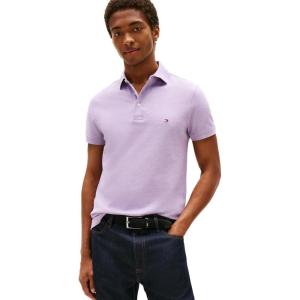 Tommy Hilfiger Men’s Short Sleeve Polo Shirts in Slim Fit with Stretch and Organic Pique Cotton(Lavender Heather)