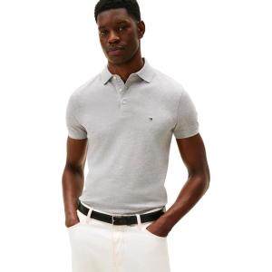 Tommy Hilfiger Men’s Short Sleeve Polo Shirts in Slim Fit with Stretch and Organic Pique Cotton(Light Grey Heather)