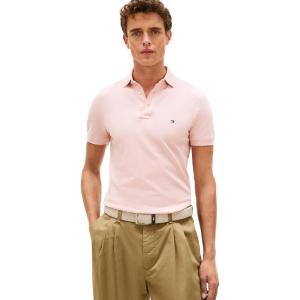Tommy Hilfiger Men’s Short Sleeve Polo Shirts in Slim Fit with Stretch and Organic Pique Cotton(Pale Pink Heather)