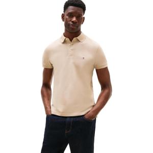 Tommy Hilfiger Men’s Short Sleeve Polo Shirts in Slim Fit with Stretch and Organic Pique Cotton(Sandalwood)