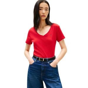 Tommy Hilfiger Womens Basic Short Sleeve Cotton V-Neck T-Shirt(Primary Red)
