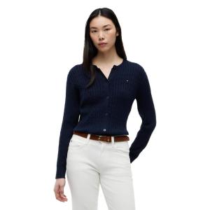 Tommy Hilfiger Womens Cable Knit Crew Neck Cardigan Sweater Long Sleeve Button Down Sweater(Dark Night Navy)