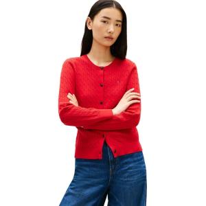 Tommy Hilfiger Womens Cable Knit Crew Neck Cardigan Sweater Long Sleeve Button Down Sweater(Primary Red)