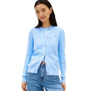 Tommy Hilfiger Womens Cable Knit Crew Neck Cardigan Sweater Long Sleeve Button Down Sweater(Vessel Blue)