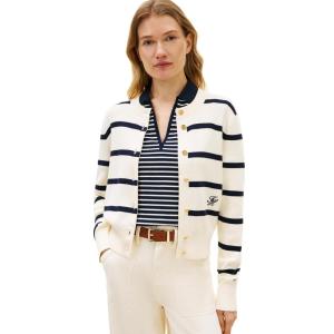Tommy Hilfiger Womens Cotton Crew Neck Cardigan Sweater Lightweight Button Down Knit Cardigan with Design(Big Stripe Calico/Dark Night Navy)