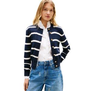Tommy Hilfiger Womens Cotton Crew Neck Cardigan Sweater Lightweight Button Down Knit Cardigan with Design(Big Stripe Dark Night Navy / Ivory Petal)