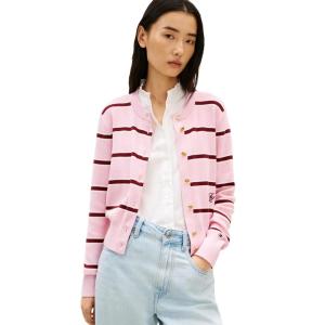 Tommy Hilfiger Womens Cotton Crew Neck Cardigan Sweater Lightweight Button Down Knit Cardigan with Design(Pink/Ivory/Liberty Red Stripe)
