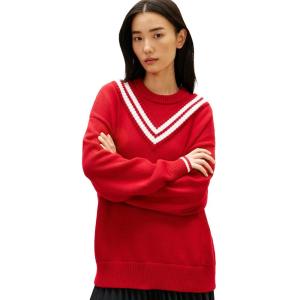 Tommy Hilfiger Womens Cotton Crew Neck Sweater Varsity Sweater Pullover(Medium Red)