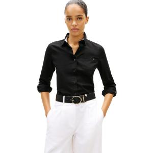 Tommy Hilfiger Womens Cotton Poplin Long Sleeve Button Down Shirt in Regular Fit with Roll Up Sleeve(Black)