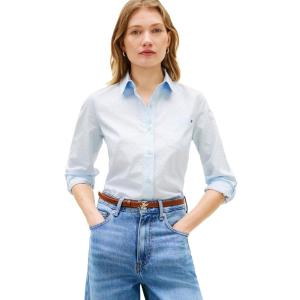 Tommy Hilfiger Womens Cotton Poplin Long Sleeve Button Down Shirt in Regular Fit with Roll Up Sleeve(Breezy Blue)