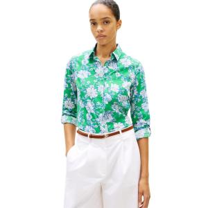 Tommy Hilfiger Womens Cotton Poplin Long Sleeve Button Down Shirt in Regular Fit with Roll Up Sleeve(Dense Hibiscus / Jade Wink)