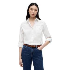 Tommy Hilfiger Womens Cotton Poplin Long Sleeve Button Down Shirt in Regular Fit with Roll Up Sleeve(Ecru)