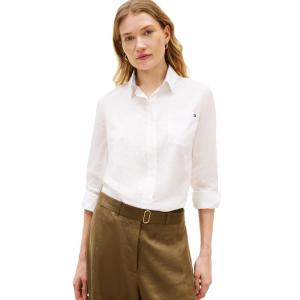 Tommy Hilfiger Womens Cotton Poplin Long Sleeve Button Down Shirt in Regular Fit with Roll Up Sleeve(Ecru/Dot)