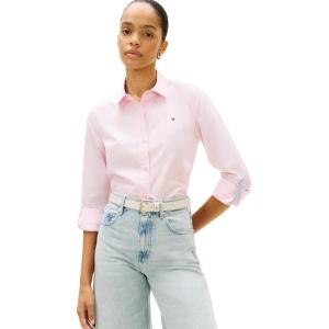 Tommy Hilfiger Womens Cotton Poplin Long Sleeve Button Down Shirt in Regular Fit with Roll Up Sleeve(Light Pink)