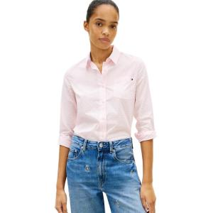 Tommy Hilfiger Womens Cotton Poplin Long Sleeve Button Down Shirt in Regular Fit with Roll Up Sleeve(Light Pink/Dot)