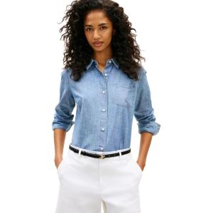 Tommy Hilfiger Womens Cotton Poplin Long Sleeve Button Down Shirt in Regular Fit with Roll Up Sleeve(Mid Blue)