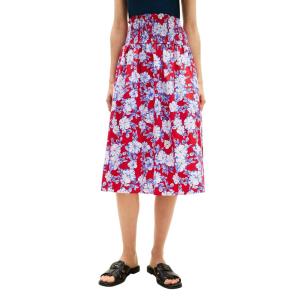 Tommy Hilfiger Womens Cotton Smocked Pull on Midi Skirt(Dense Hibiscus / Primary Red)
