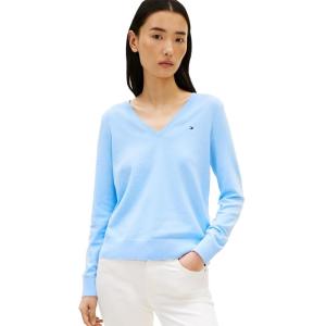 Tommy Hilfiger Womens Cotton V Neck Sweater Knit Sweater Pullover(Vessel Blue)