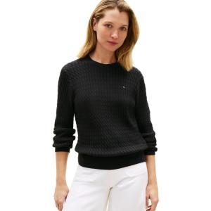 Tommy Hilfiger Womens Fine Gauge Cable Knit Crew Neck Sweater Lightweight Pullover(Black)